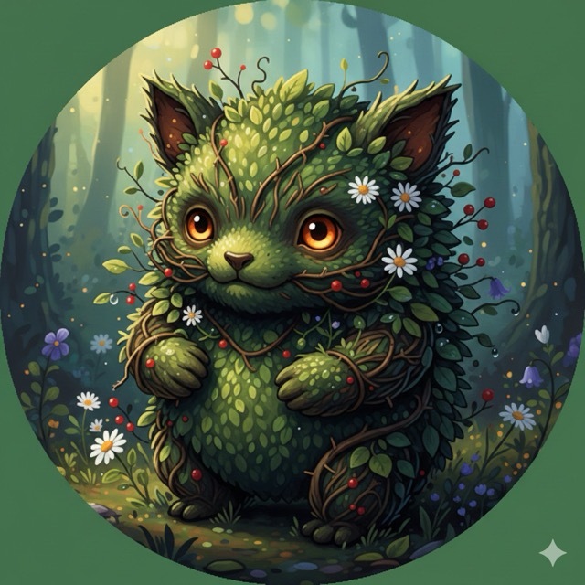 Bramble — a small leafy creature with amber eyes, daisies tangled in, standing in a forest clearing